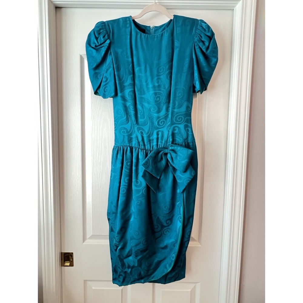 VTG 1980's 100% Silk Aqua‎ Green Belted Padded Shoulders Dress R&K Small XS Sz 4